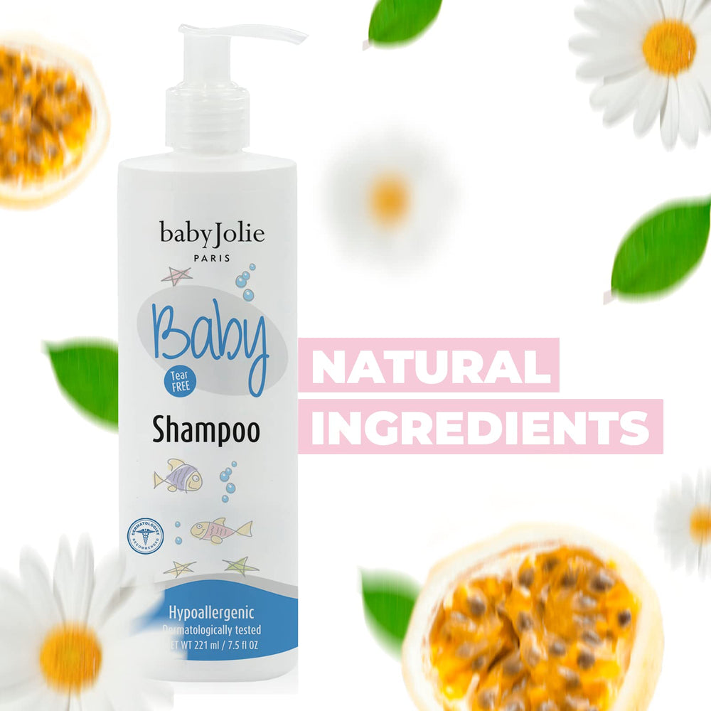 Hypoallergenic label on Baby Jolie Shampoo Paris bottle highlights gentle formula