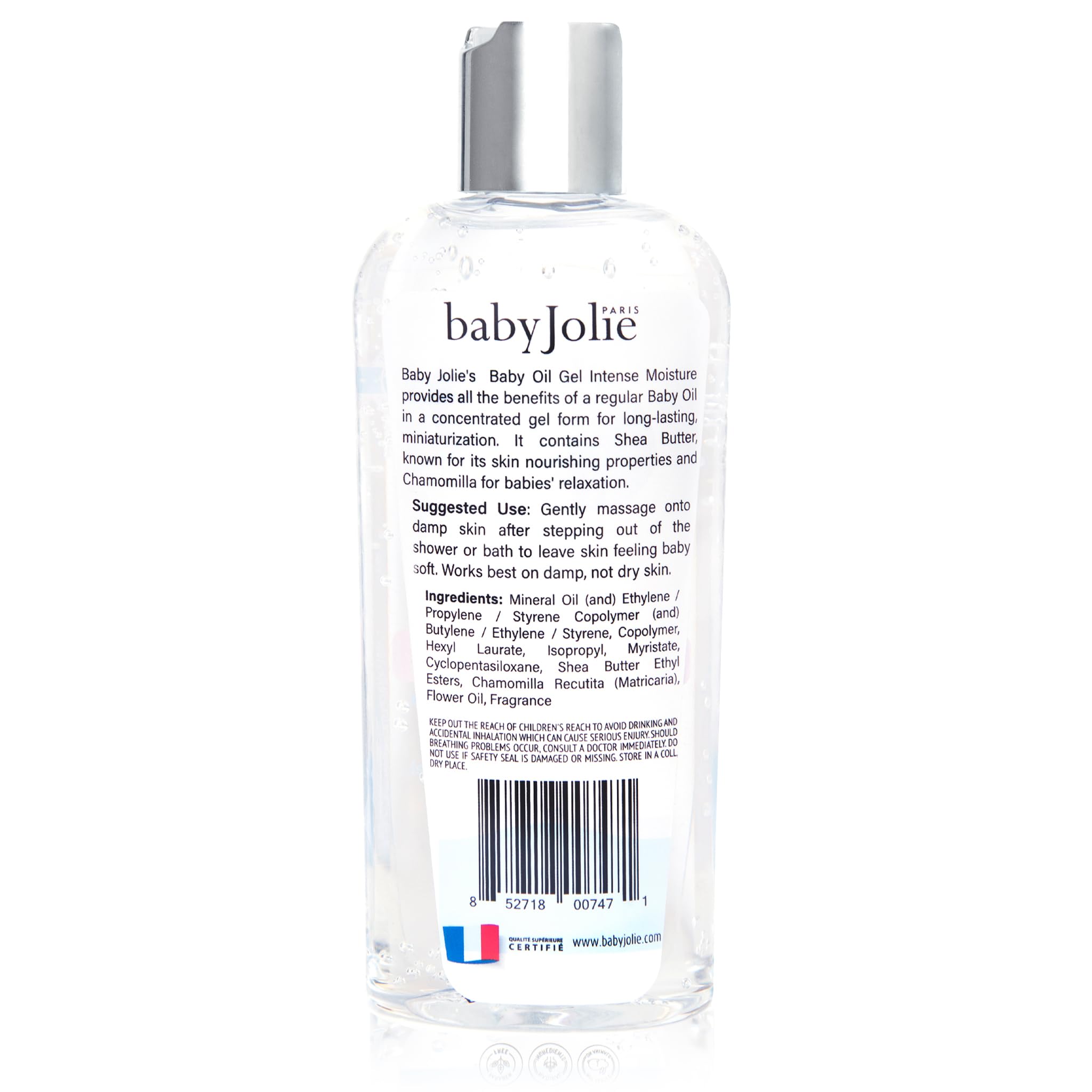 Baby Jolie Relaxing Baby Oil Gel application shows a smooth, calming massage on damp skin.