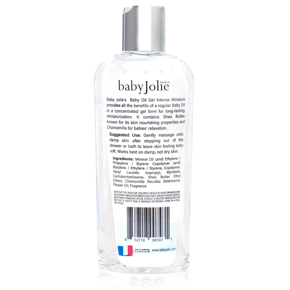 Baby Jolie Relaxing Baby Oil Gel application shows a smooth, calming massage on damp skin.