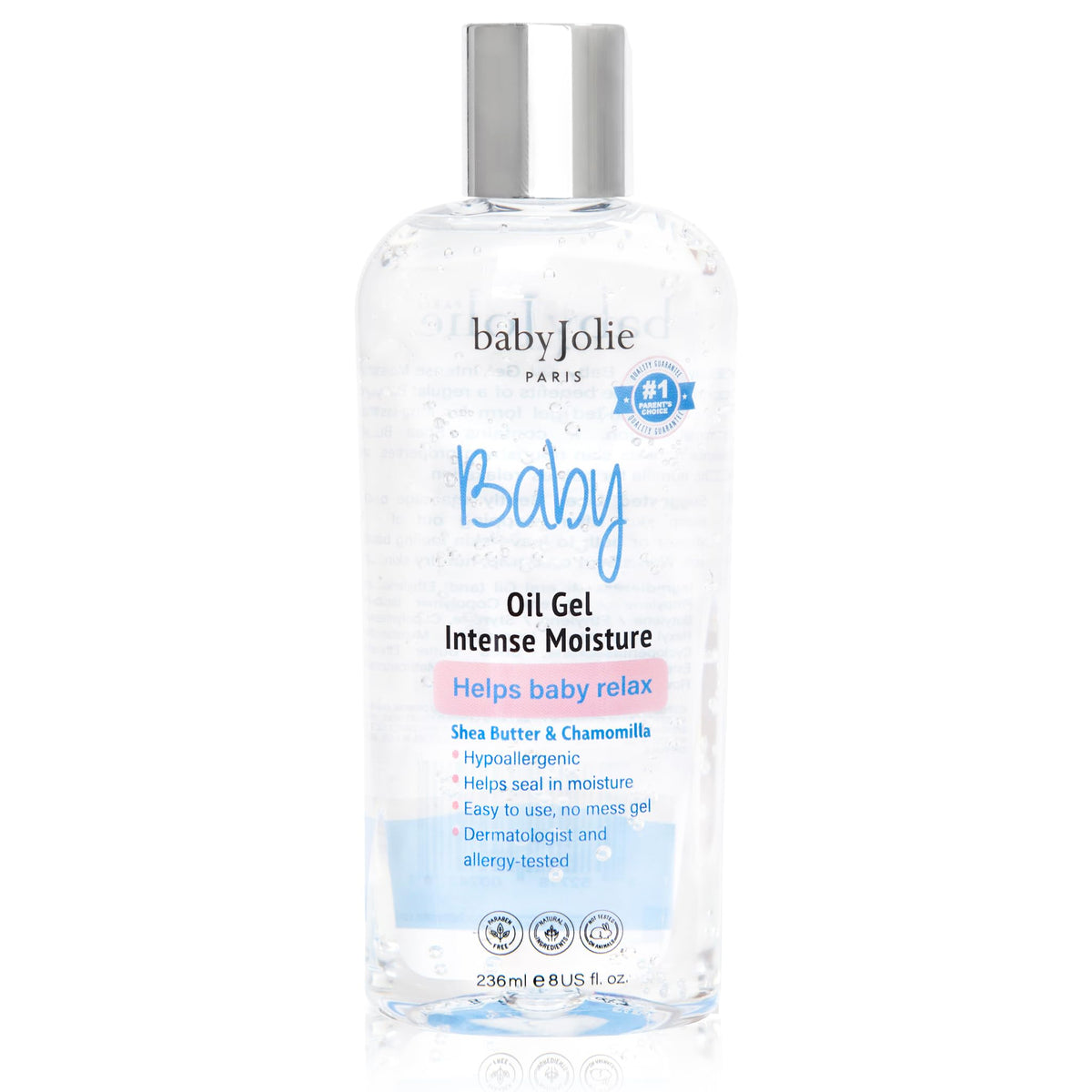 Baby Jolie Relaxing Baby Oil Gel bottle demonstrates moisture for delicate skin after bath.