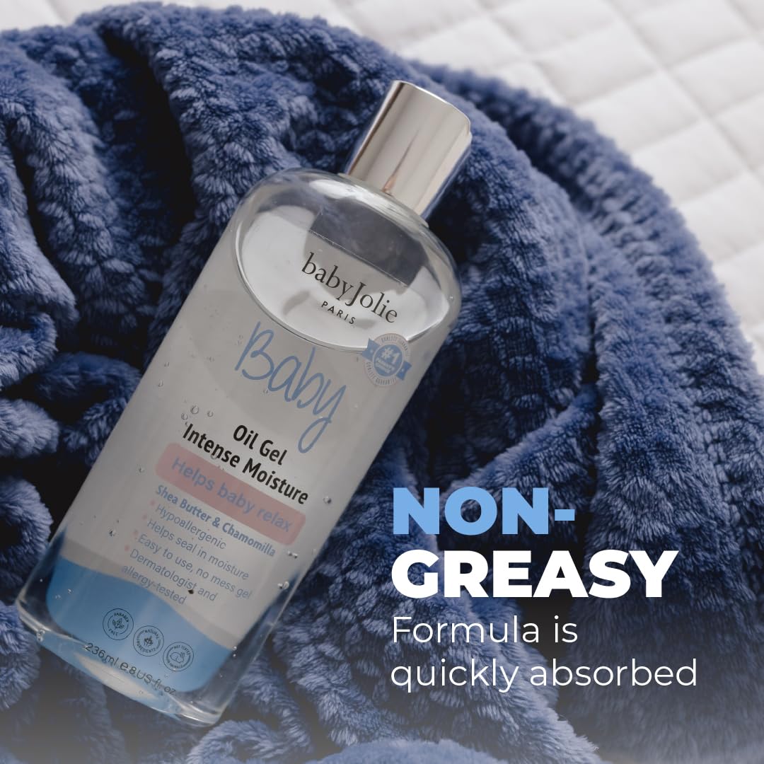 Baby Jolie Relaxing Baby Oil Gel chamomile layout suggests gentle relaxation during bedtime.