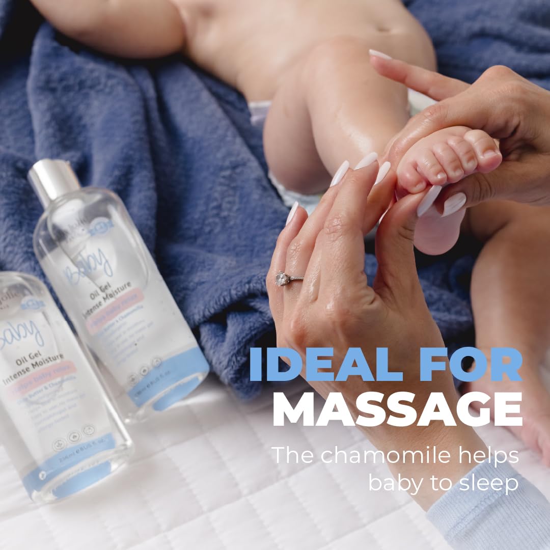 Baby Jolie Relaxing Baby Oil Gel damp-skin scene highlights quick absorption for moisturized, non-greasy skin.