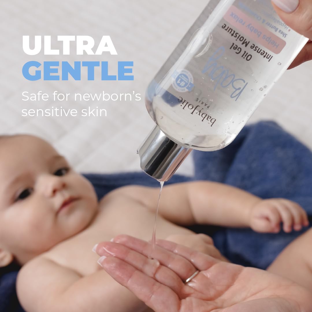 Baby Jolie Relaxing Baby Oil Gel shea-butter close-up emphasizes deep hydration for dry areas.