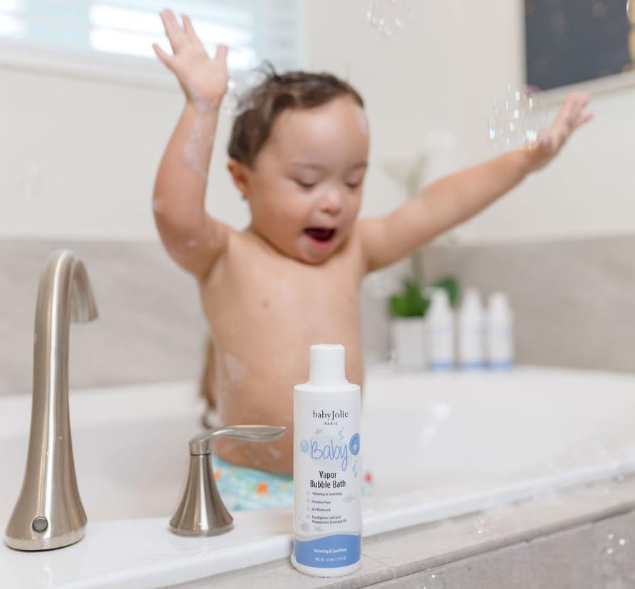 Baby Jolie Vapor Bubble Bath foaming action creates soft bubbles for calming baths.