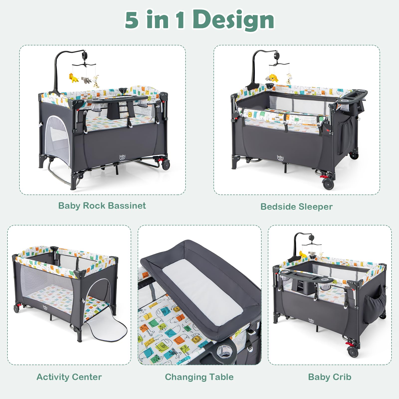 BABY JOY 2-in-1 playard and bedside sleeper with height-adjustable sides for cozy alignment.