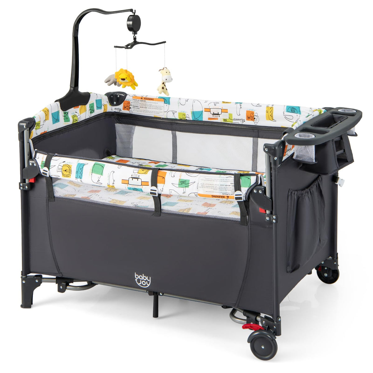 BABY JOY 5-in-1 pack and play bedside sleeper demonstrates versatile bedside setup for newborns.