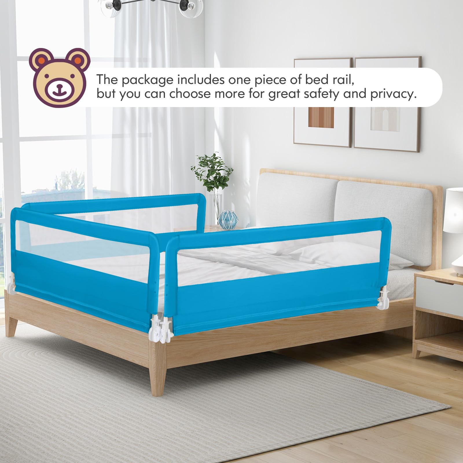 BABY JOY bed rails blue color option complements kids' rooms.