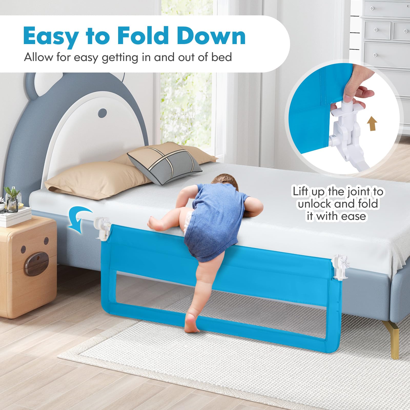 BABY JOY bed rails with durable mesh provides breathable safety.