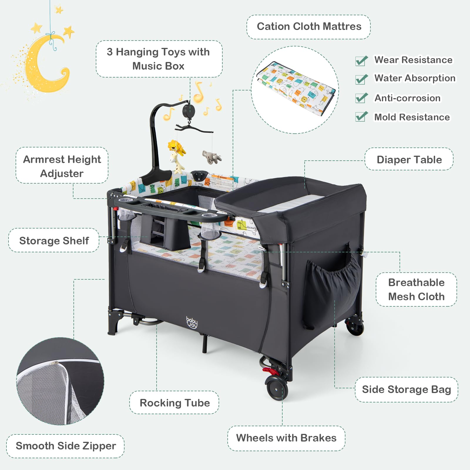 BABY JOY convenient storage tray and diaper-accessory area for on-the-go care.