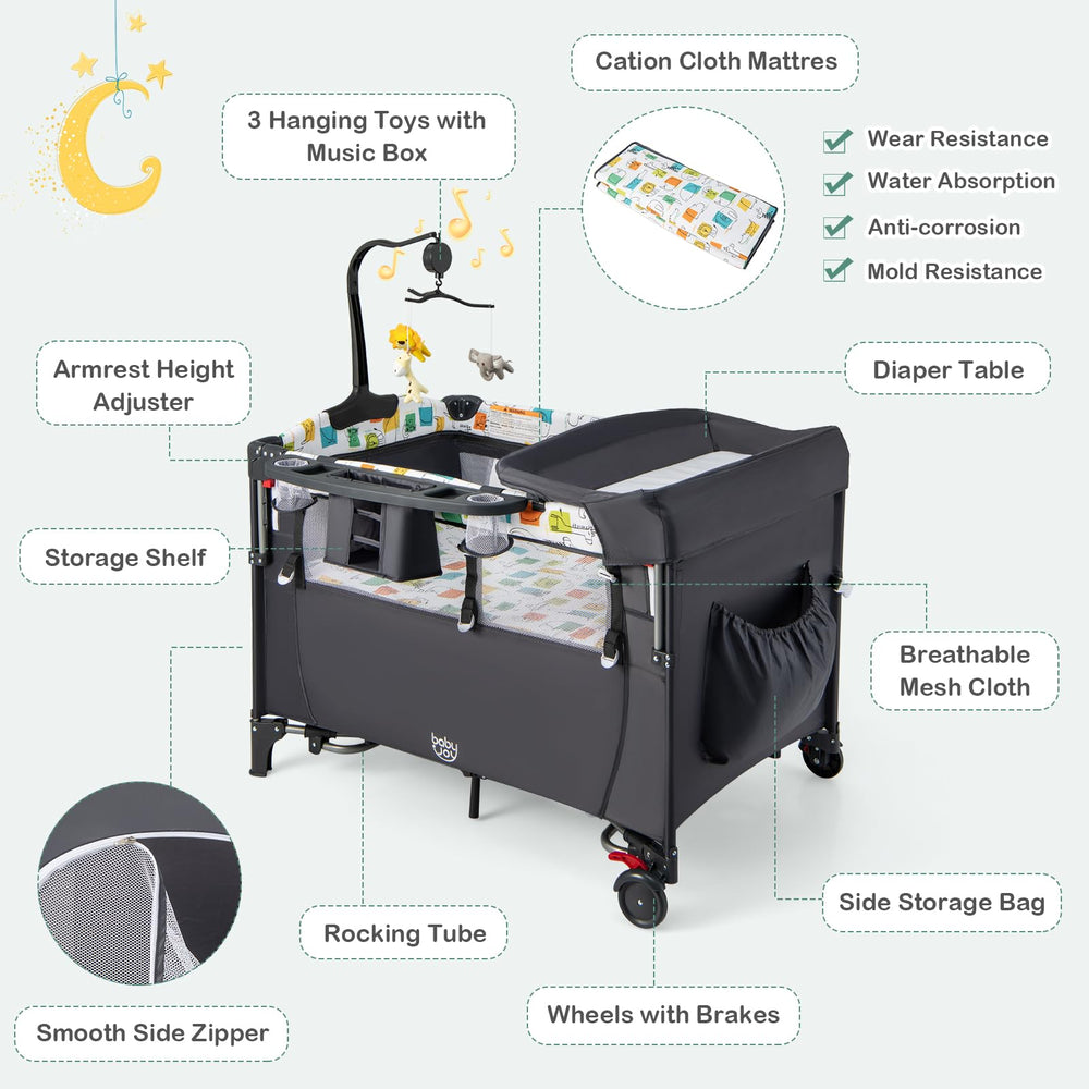BABY JOY convenient storage tray and diaper-accessory area for on-the-go care.