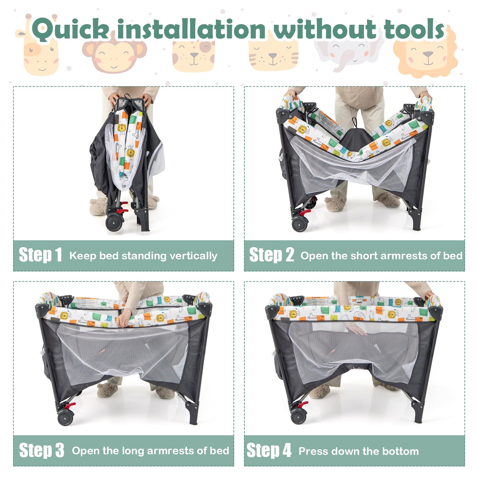 BABY JOY sturdy iron-frame crib supports babies from newborn to toddler.