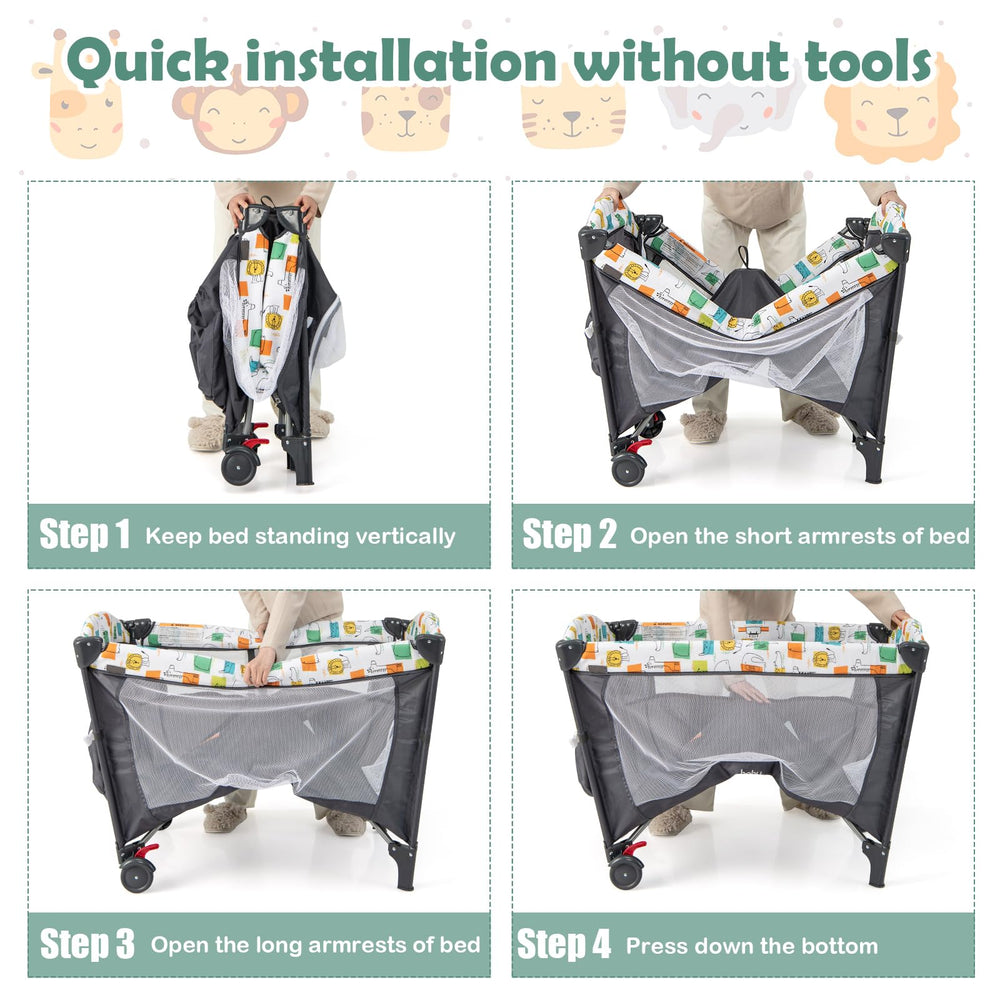 BABY JOY sturdy iron-frame crib supports babies from newborn to toddler.