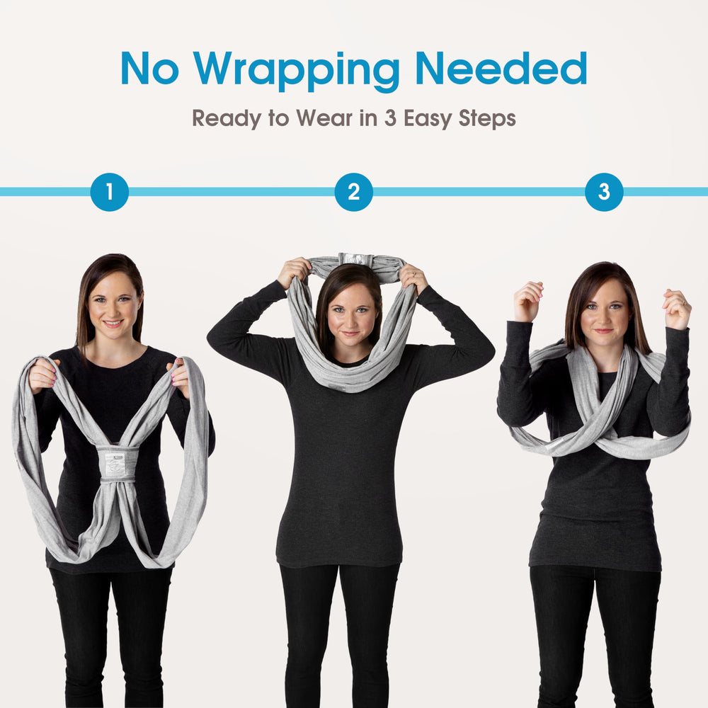 Baby K'tan back-to-shoulder weight distribution image demonstrates comfortable long-wear with heavier babies.