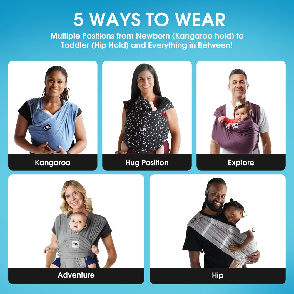 Baby K'tan front carry with pocket highlights practical storage during walks.