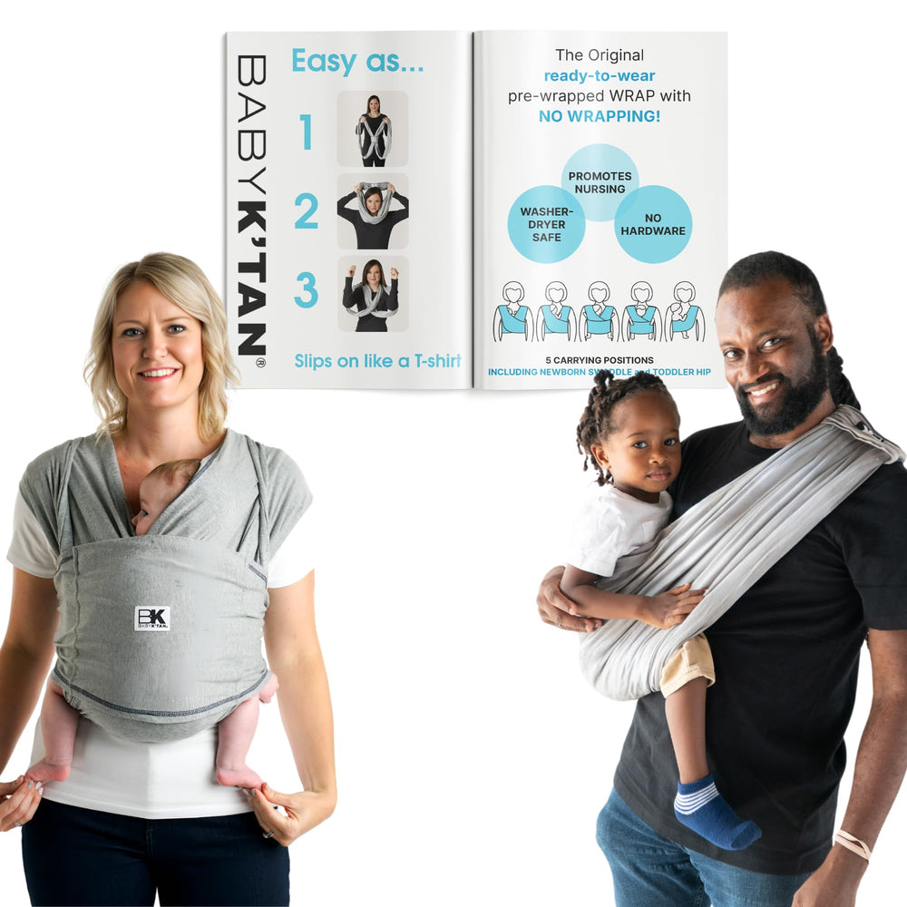 Baby K'tan Original Wrap Carrier ready to wear demonstrates quick slip-on convenience for busy parents.