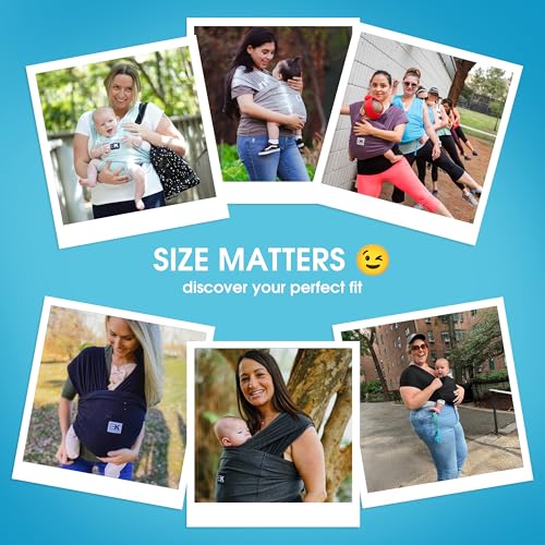 Baby K'tan size options XS-XL illustrate personalised fit for different wearers.