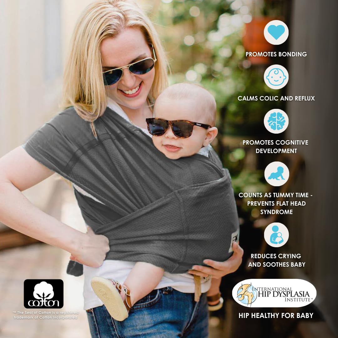 Baby K'tan Breeze hip-healthy design supports secure infant seating.