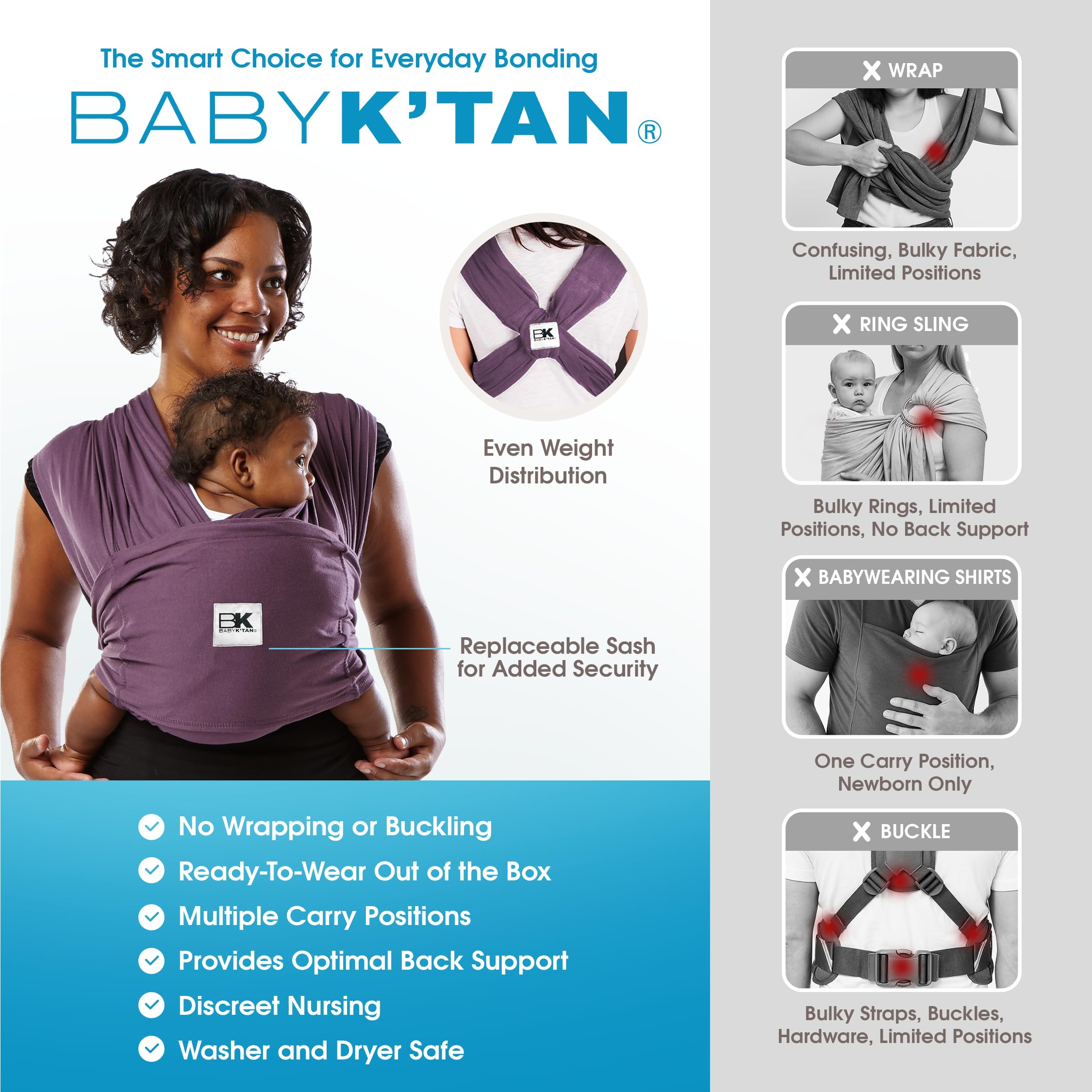 baby-k-tan no rings no buckles design for simple setup and security