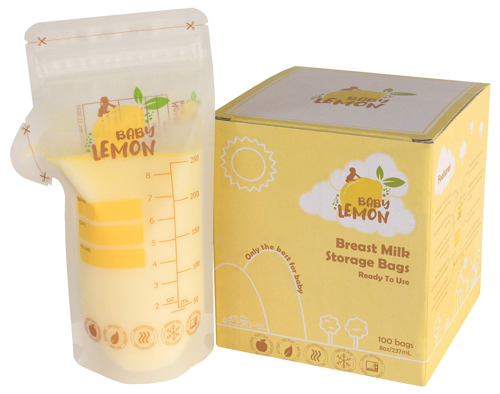 Baby Lemon breast milk bags with spout—mess-free 8oz storage.