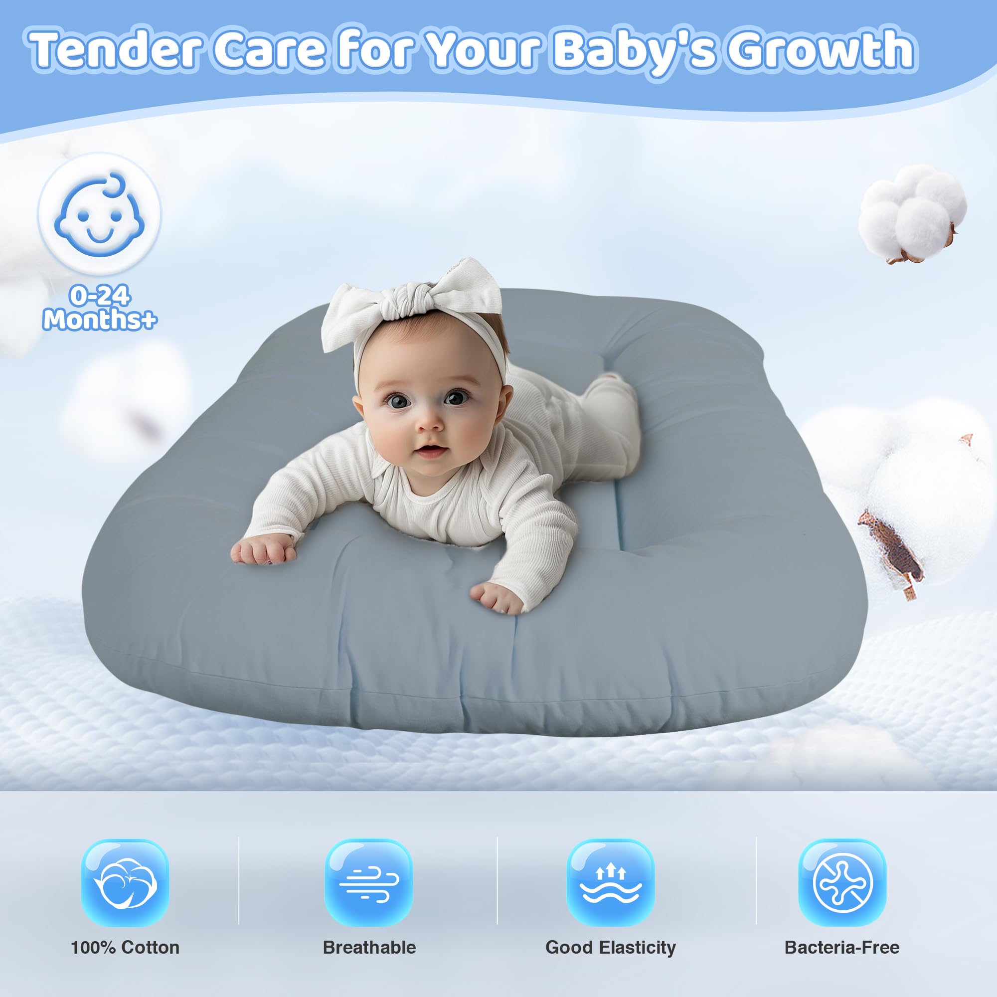 Baby Lounger infant nest design supports gentle back and side comfort during play.
