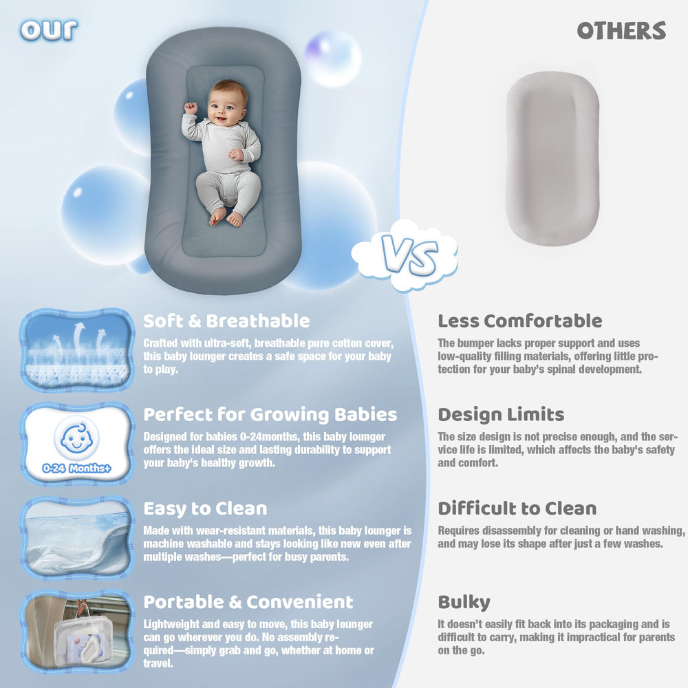 Baby Lounger soft cotton cover provides breathable comfort for sensitive baby skin.
