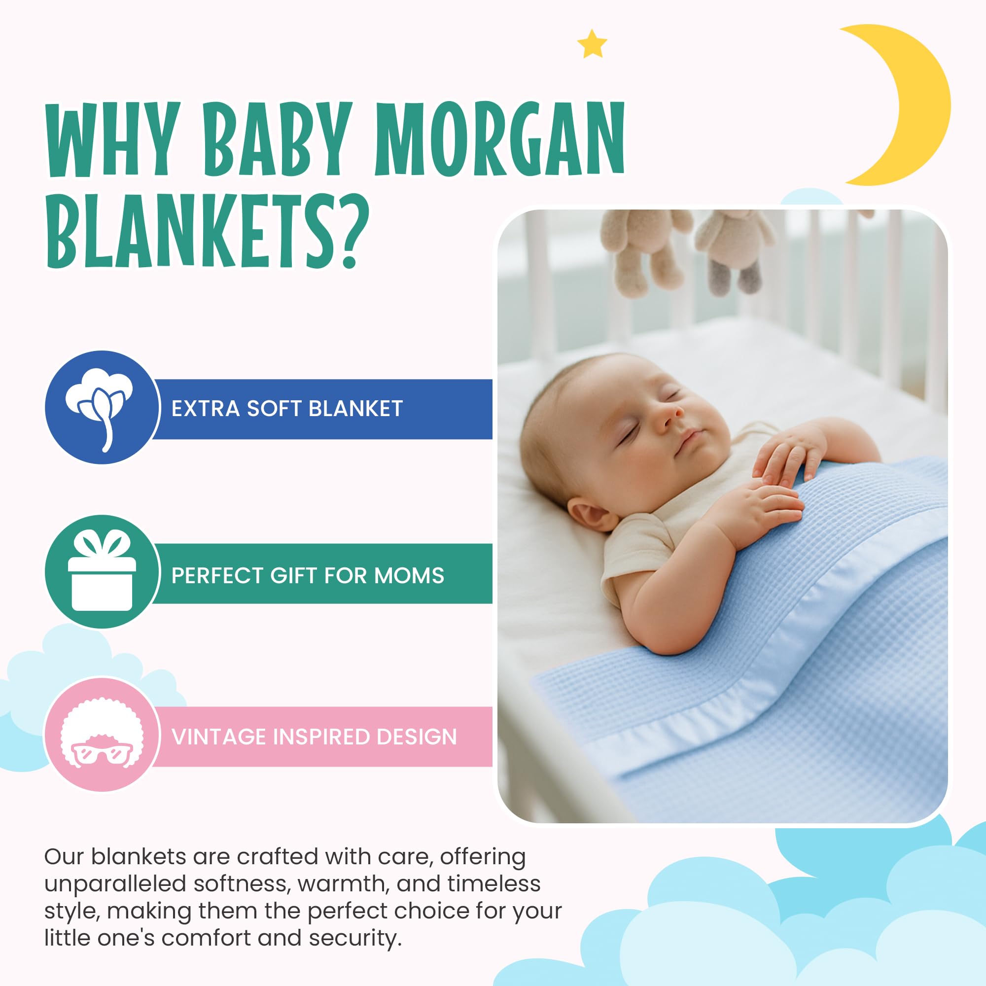 Baby Morgan satin-trim blanket highlights vintage design for nursery decor.