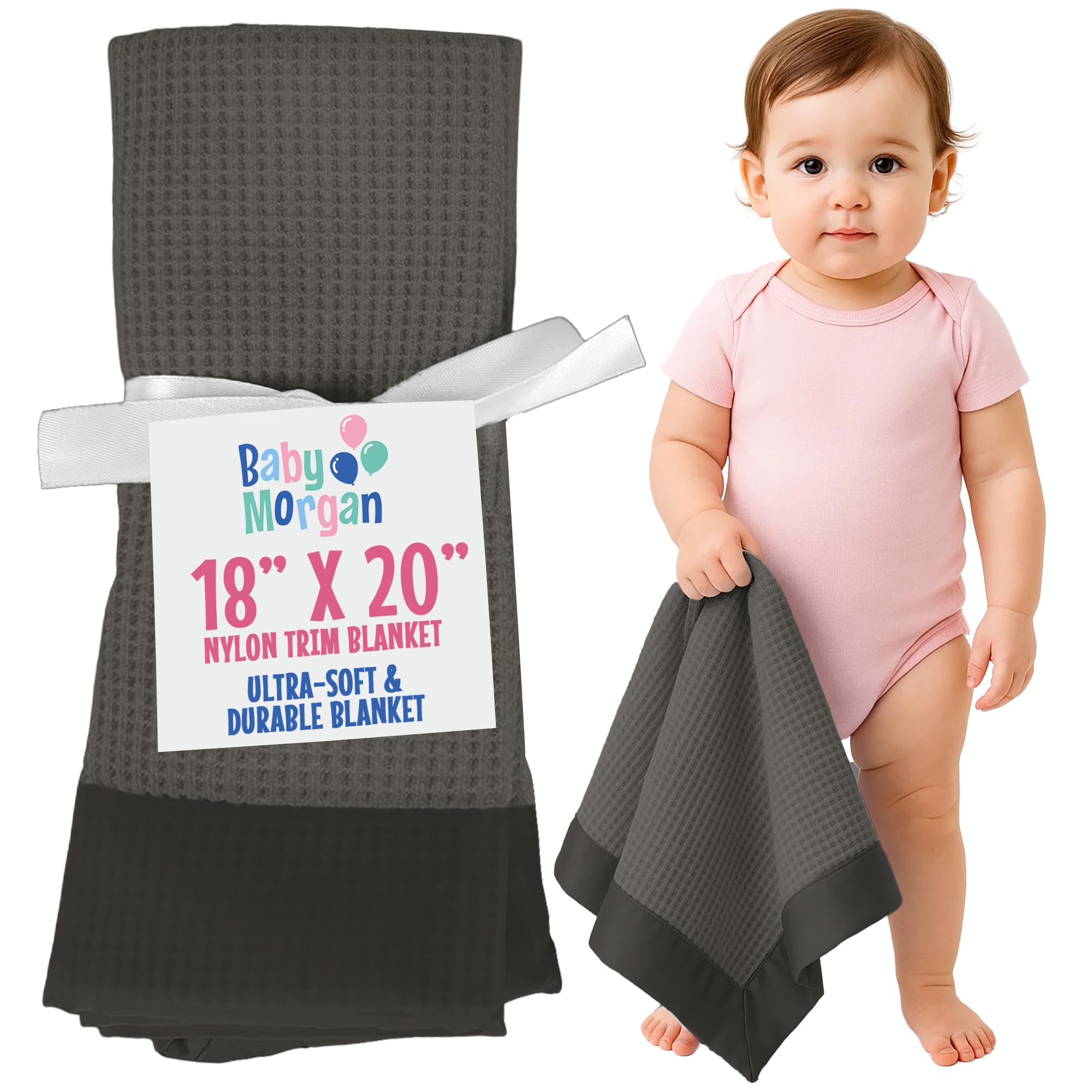 Baby Morgan thermal waffle blanket flat gray with nylon trim boosts warmth and coziness.