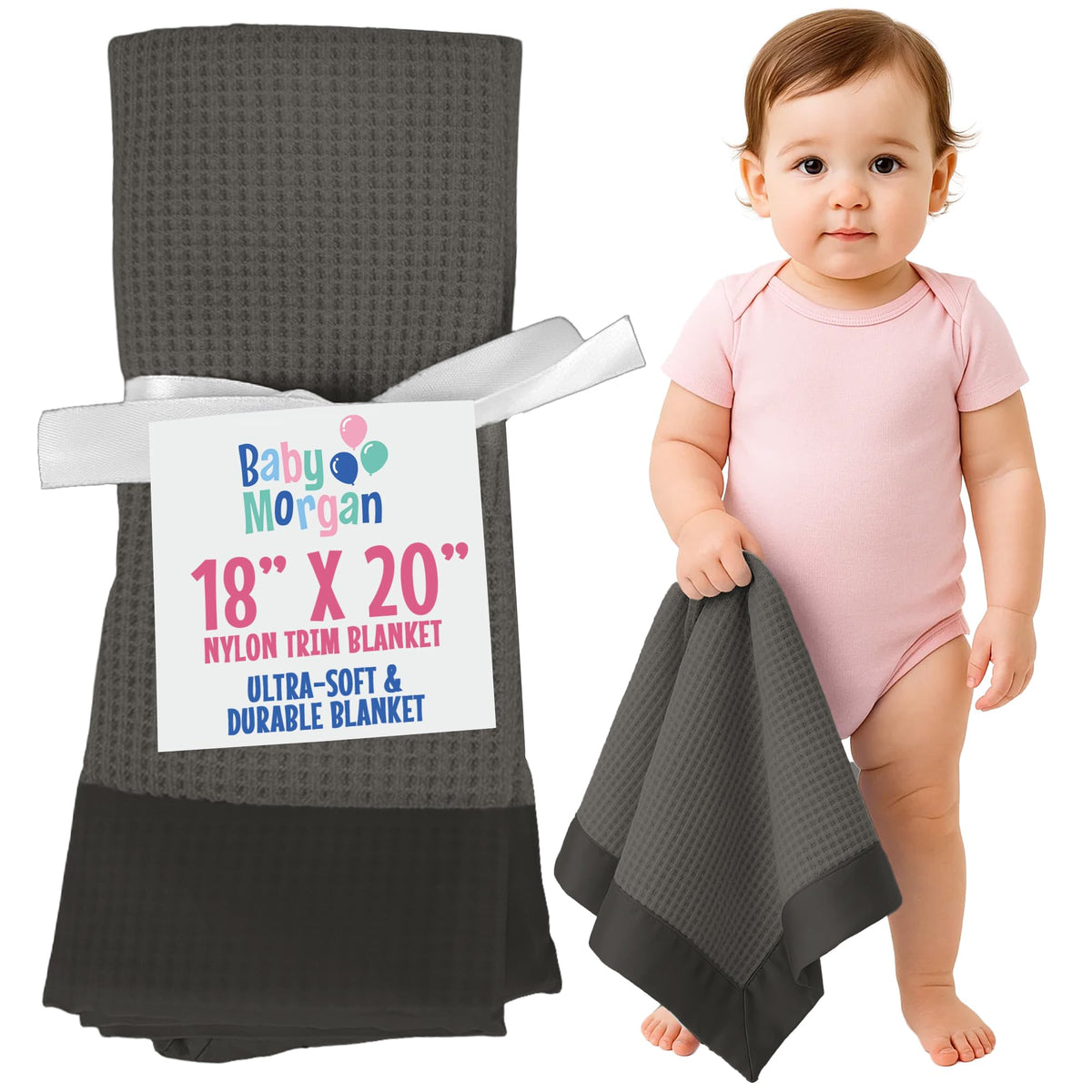 Baby Morgan thermal waffle blanket flat gray with nylon trim boosts warmth and coziness.
