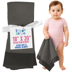 Baby Morgan thermal waffle blanket flat gray with nylon trim boosts warmth and coziness.