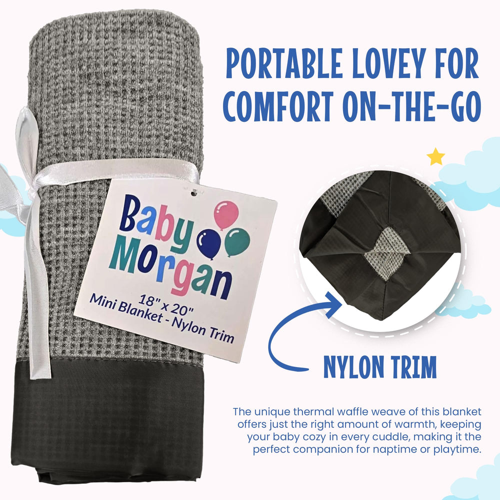 Baby Morgan thermal waffle blanket gray folded demonstrates compact portability for on-the-go families.