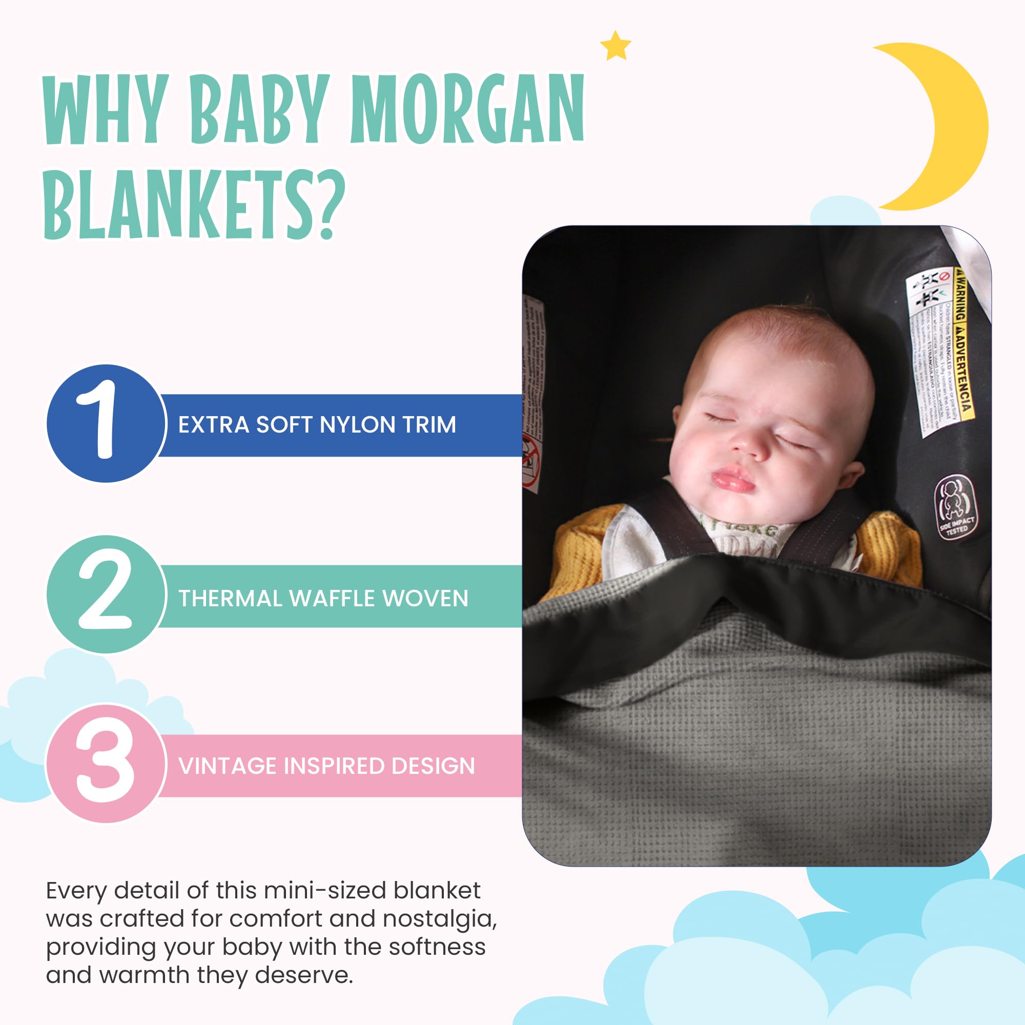 Baby Morgan waffle blanket nylon trim edge highlights durable finish for daily use.