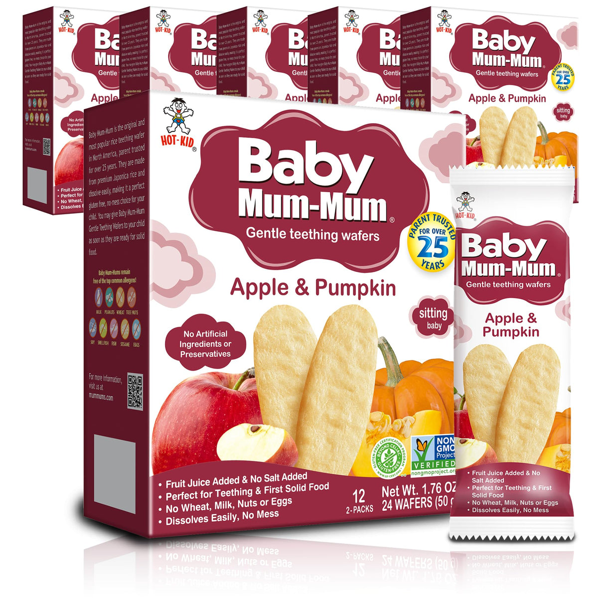 Baby Mum-Mum hot-kid rice rusks apple-pumpkin pack-front for on-the-go teething