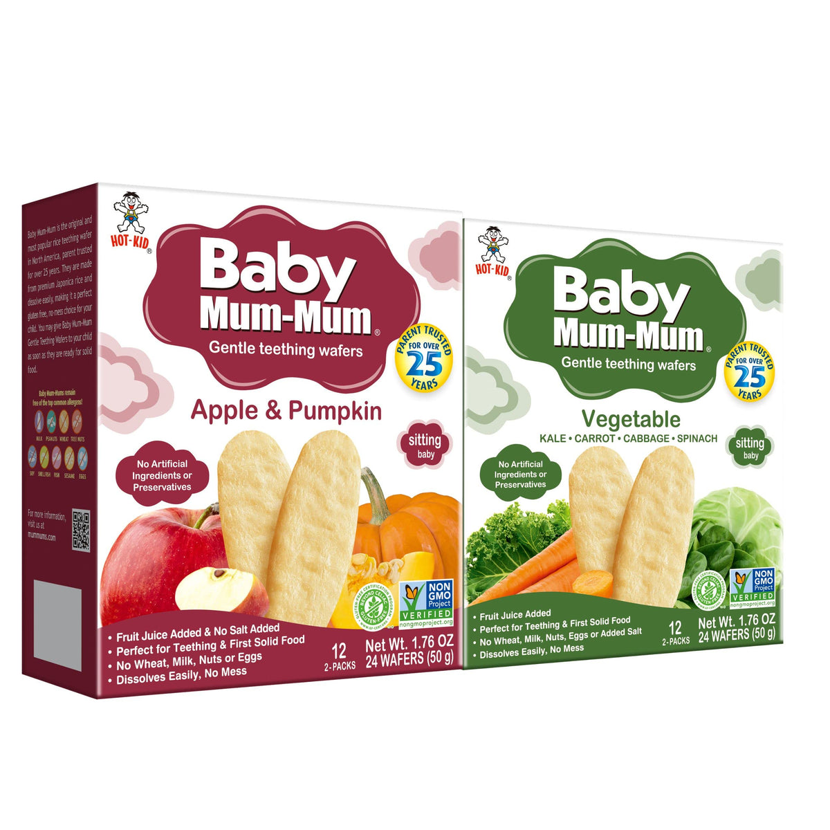 Baby Mum-Mum Hot-Kid rice rusks Apple-Pumpkin pack dissolves easily for mess-free teething.