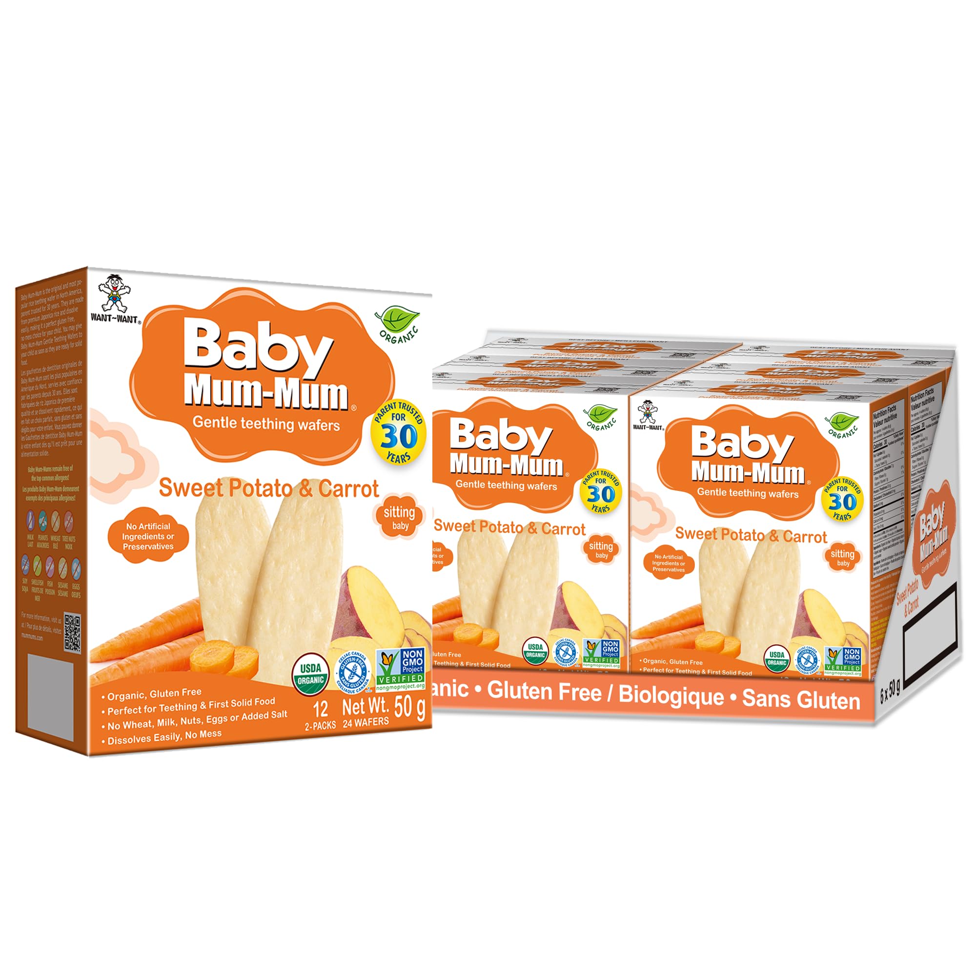 Baby Mum-Mum Hot-Kid Rice Rusks with sweet potato carrot—perfect no-mess first solid snack.