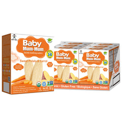Baby Mum-Mum Hot-Kid Rice Rusks with sweet potato carrot—perfect no-mess first solid snack.