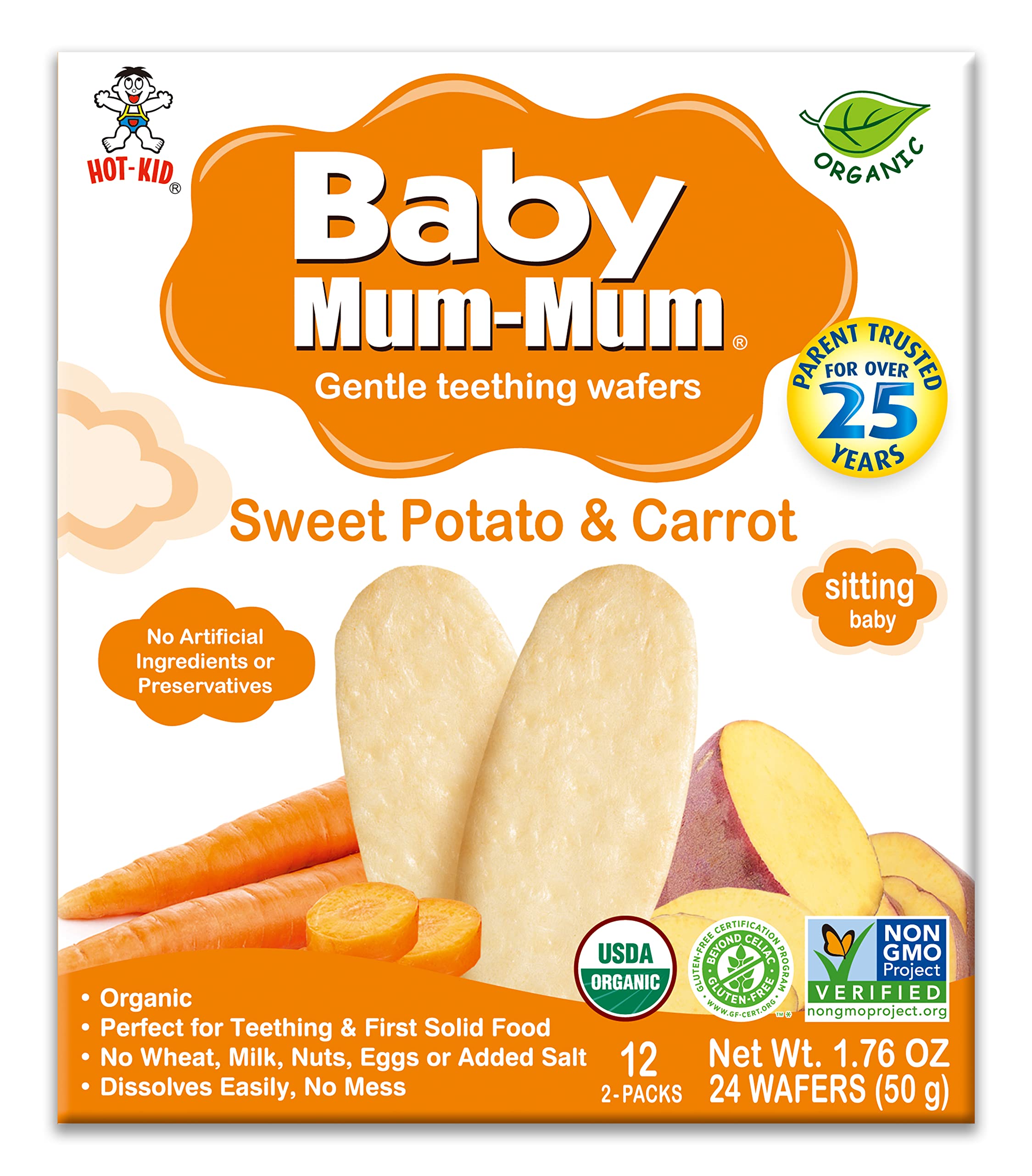 Baby Mum-Mum Hot-Kid Rice Rusks texture close-up shows dissolvable, mess-free feeding.