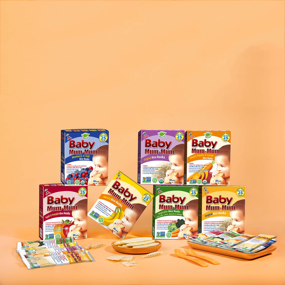 Baby Mum-Mum Hot-Kid Rice Rusks pack illustration showing allergen-free claim.
