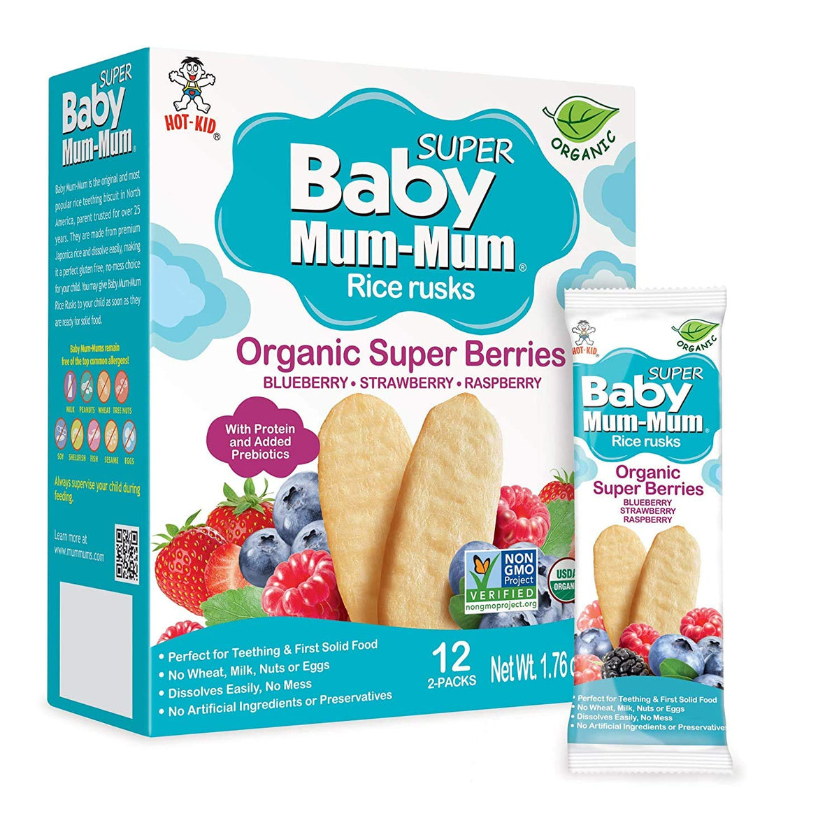 Baby Mum-Mum Organic Gentle Teething Crackers Berry packaging highlights trusted baby snack
