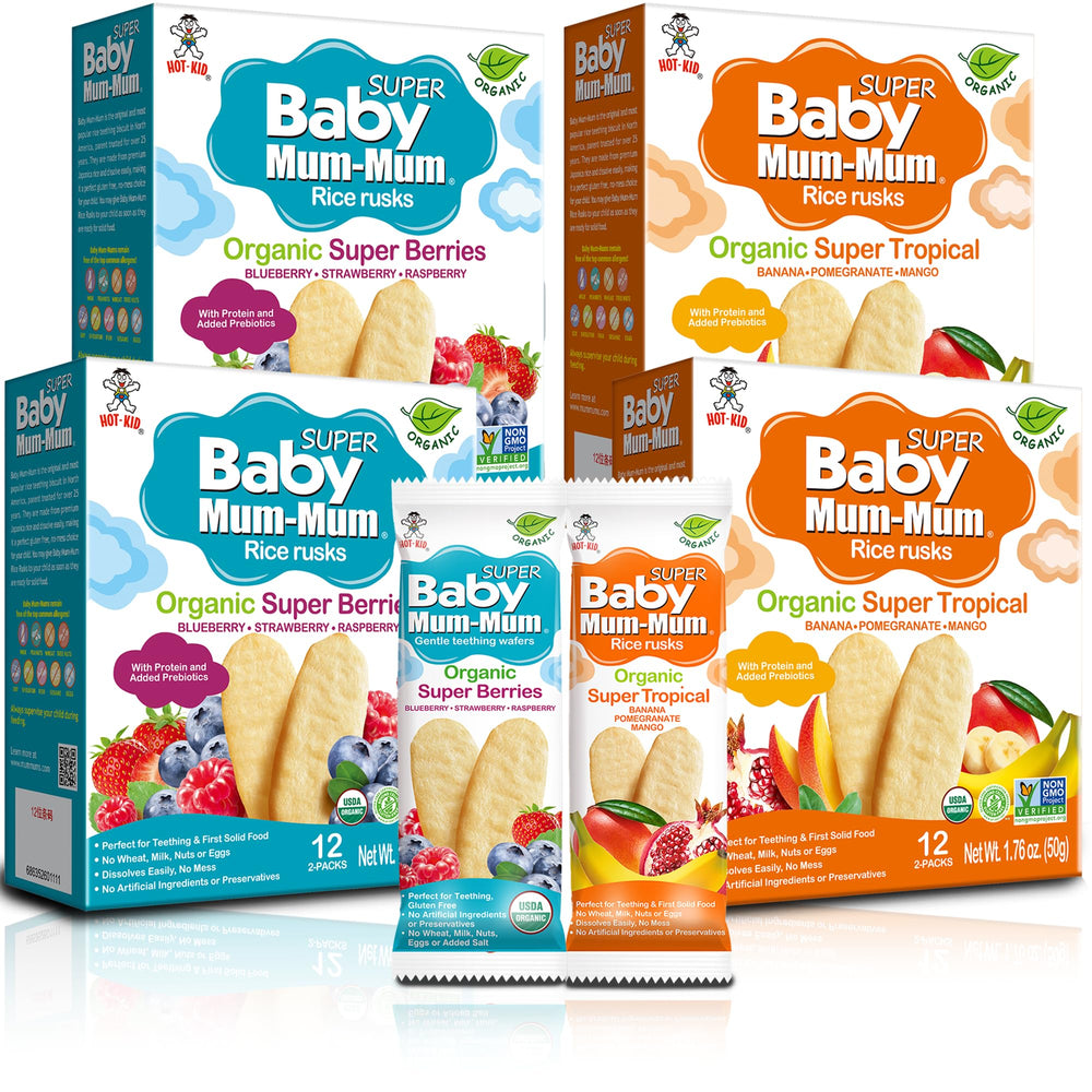 Baby Mum-Mum Organic Rice Biscuits pack shows tropical flavor for teething-friendly snacking.