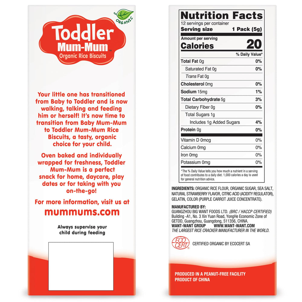 Baby Mum-Mum Toddler Organic Strawberry Rice Biscuits dissolve easily, supporting self-feeding.