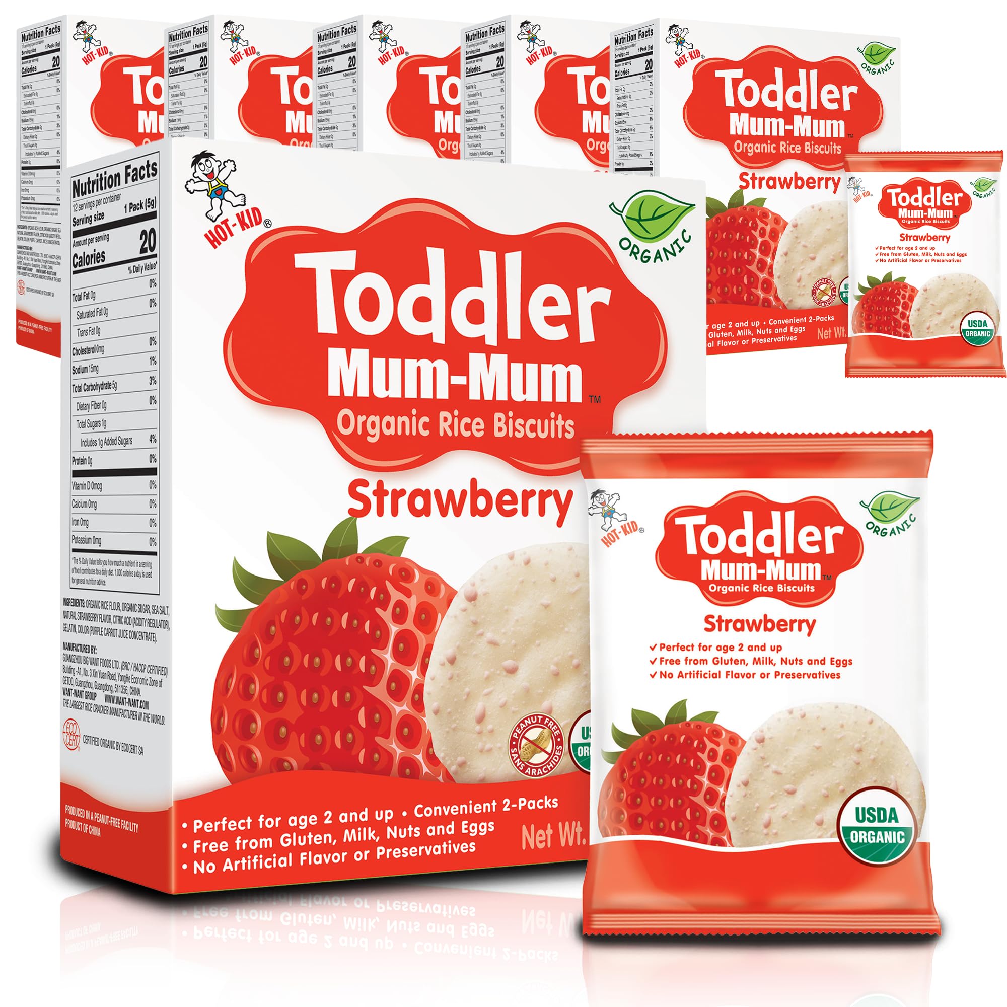 Baby Mum-Mum Toddler Organic Strawberry Rice Biscuits box-pack, convenient on-the-go snack for toddlers.