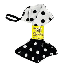Baby Paper Original white-black-dot side view showcasing portable crinkle teether for on-the-go sensory play.