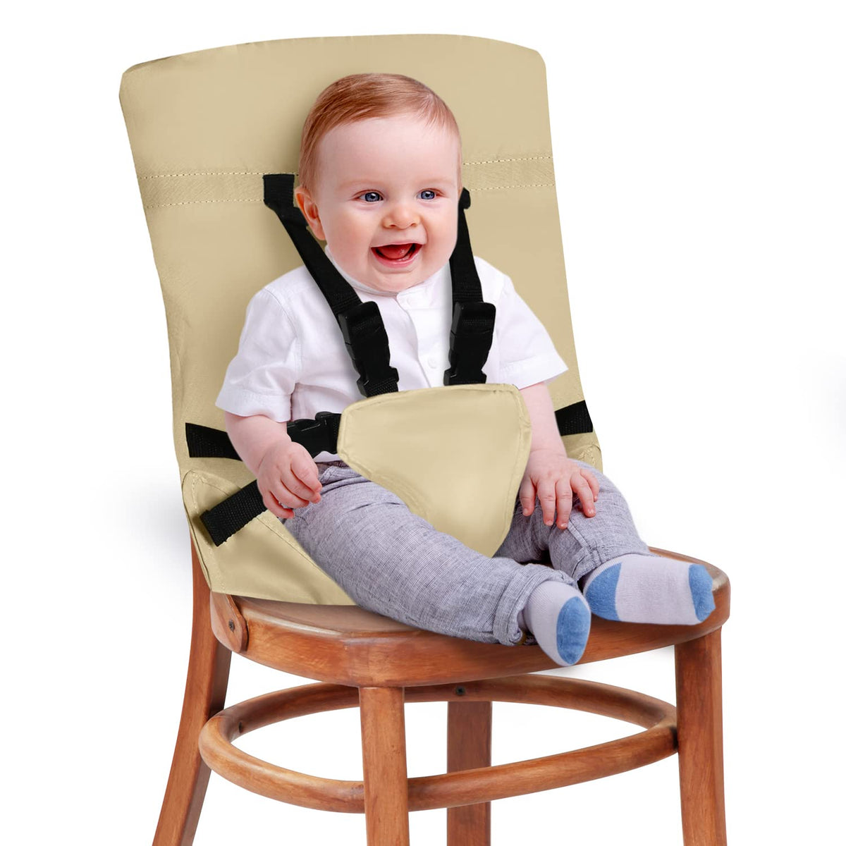 Baby Pick portable high chair beige folded for easy travel and quick setup