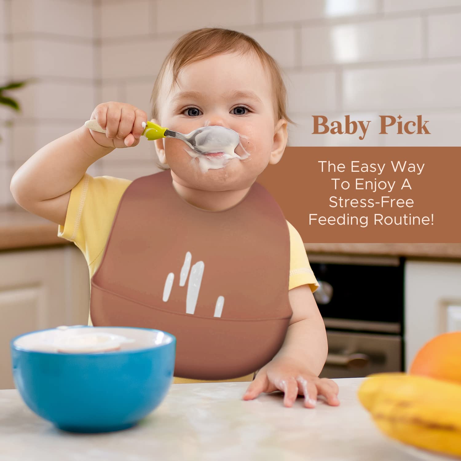 Baby Pick dishwasher-safe silicone bib makes cleaning up after meals fast and simple.