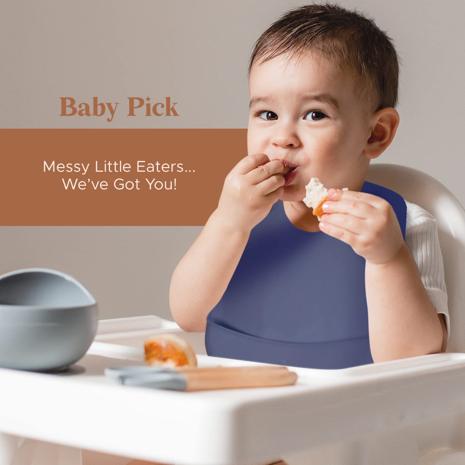 Baby Pick silicone bib with food catcher protects clothes and floors during feeding.