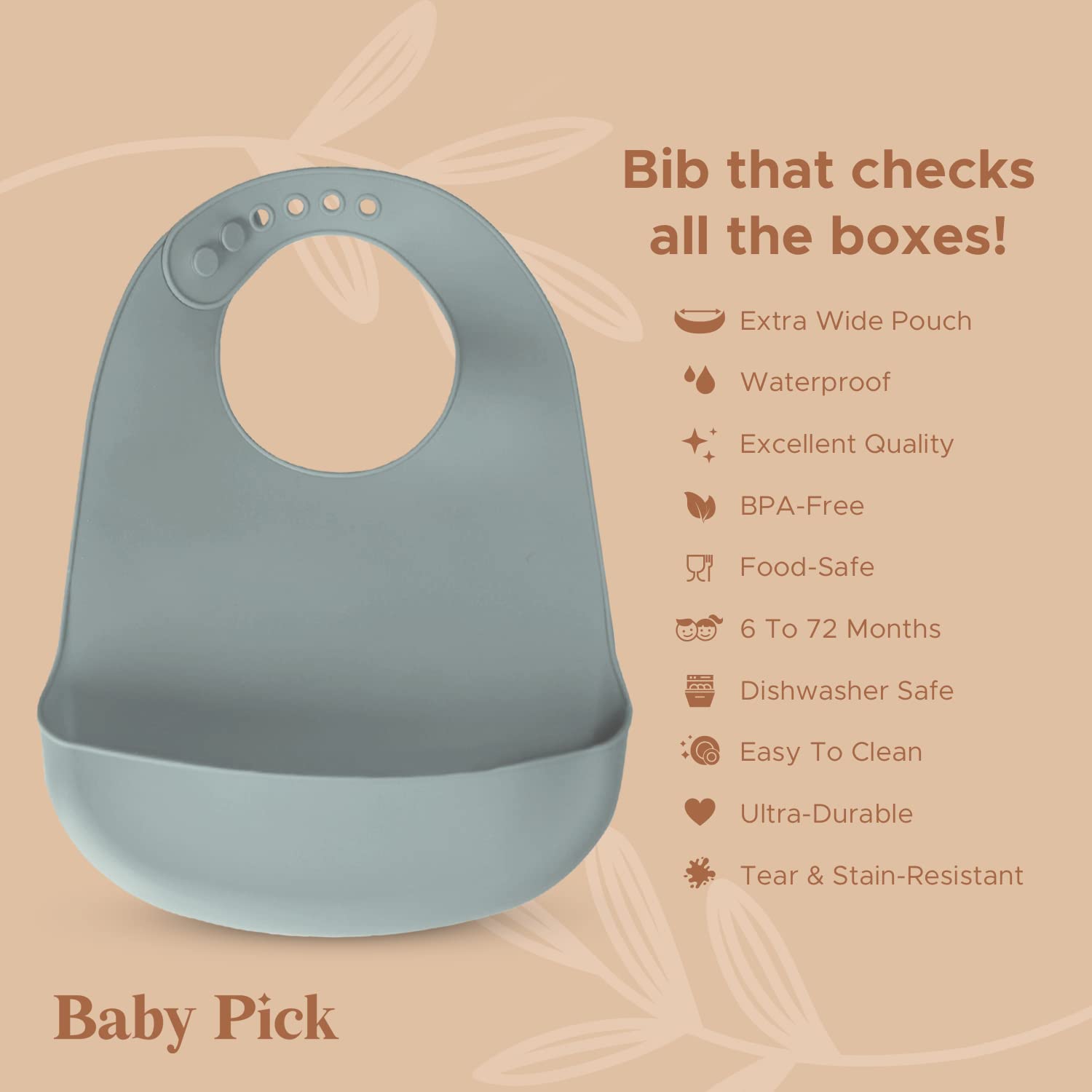 Baby Pick silicone bib light rust with adjustable closure fits growing toddlers.