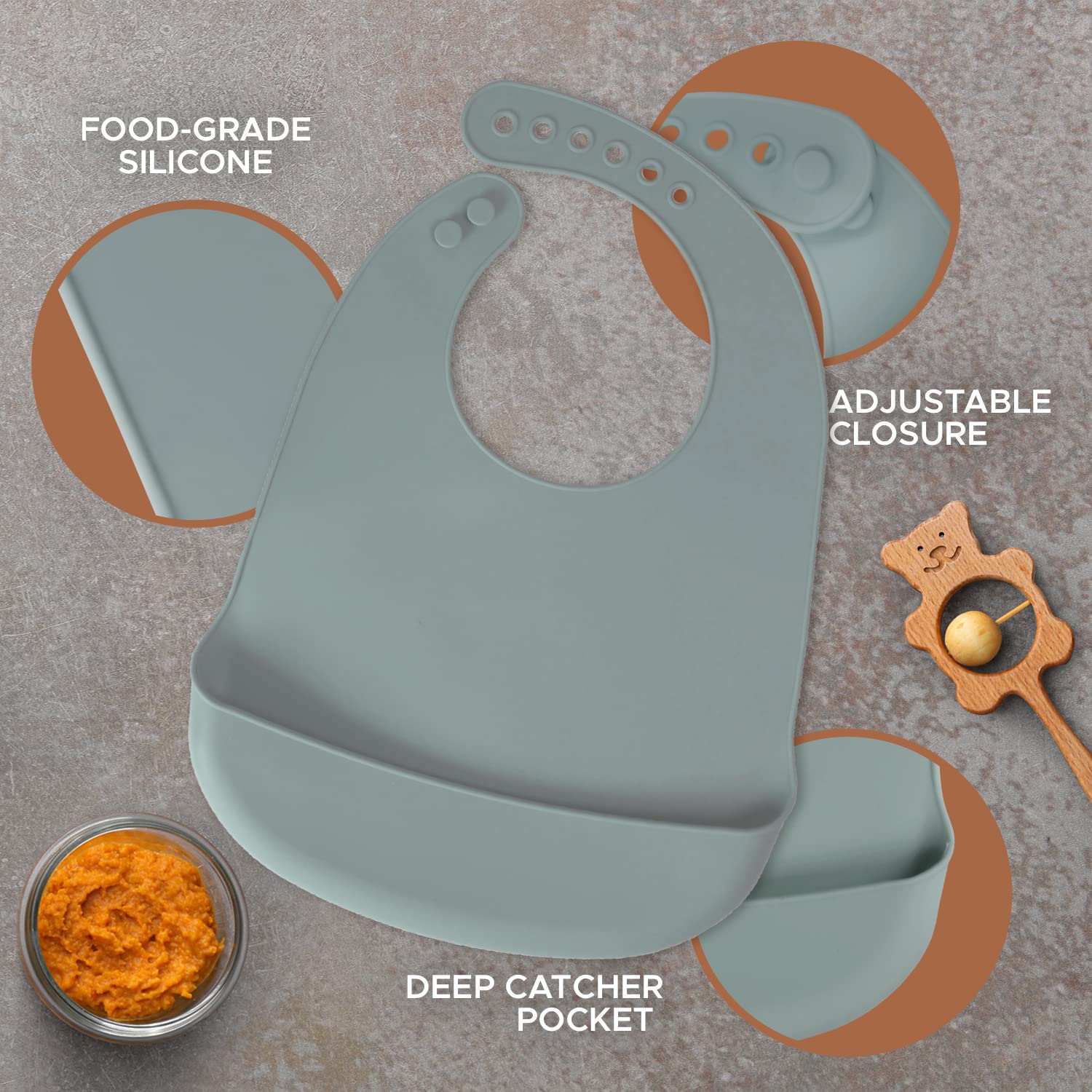 Baby Pick silicone bib slate blue showcases durable wipeable surface for quick cleanup.