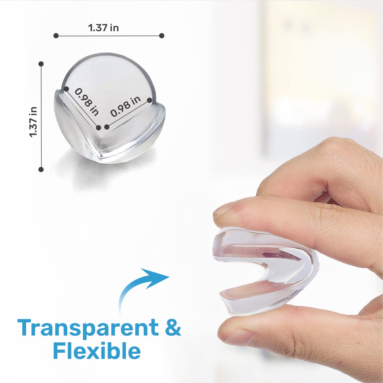 Baby Proof Me clear corner guards adhesive on glass surface promoting discreet safety.