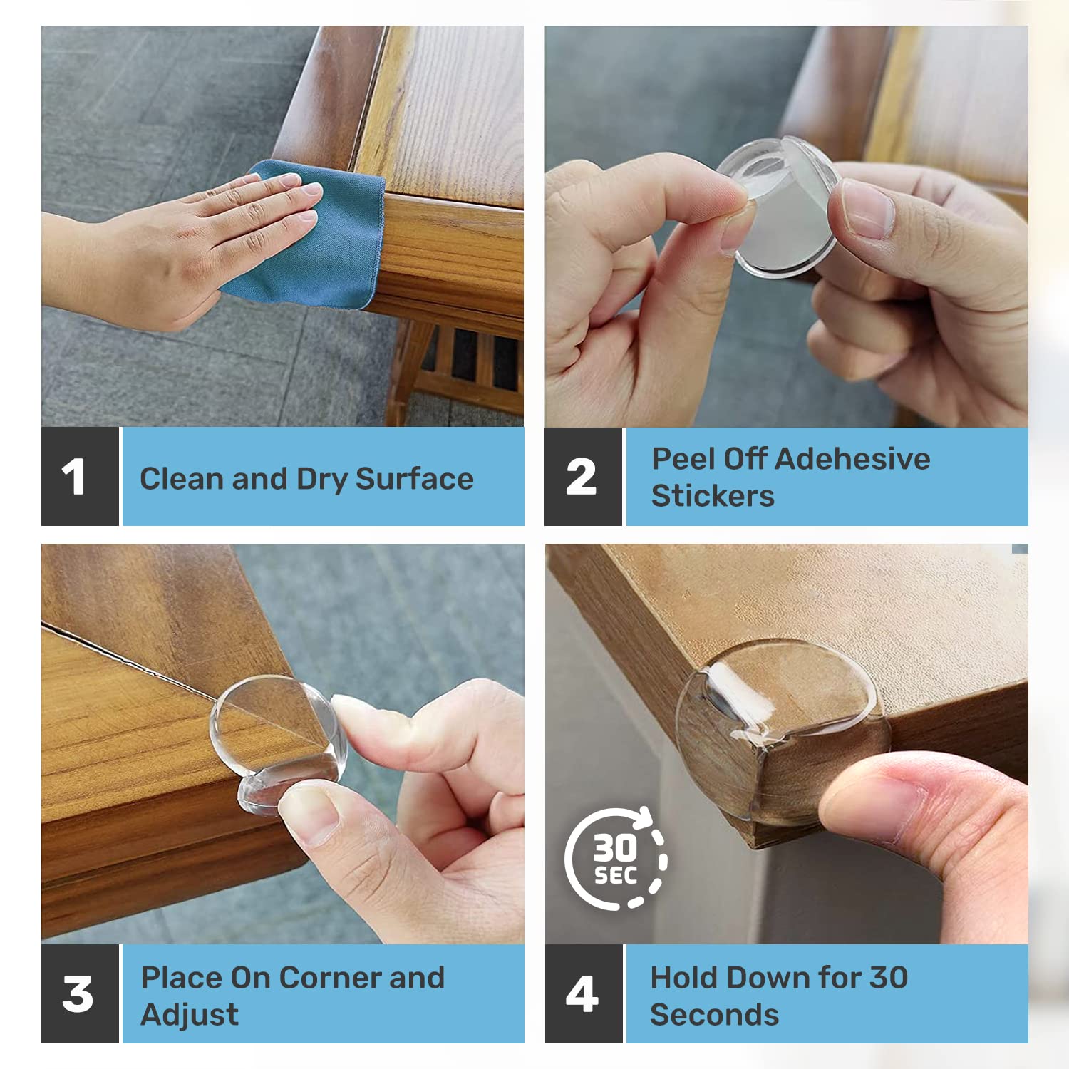 Baby Proof Me edge safety bumpers round applied to table edge offers soft impact protection.