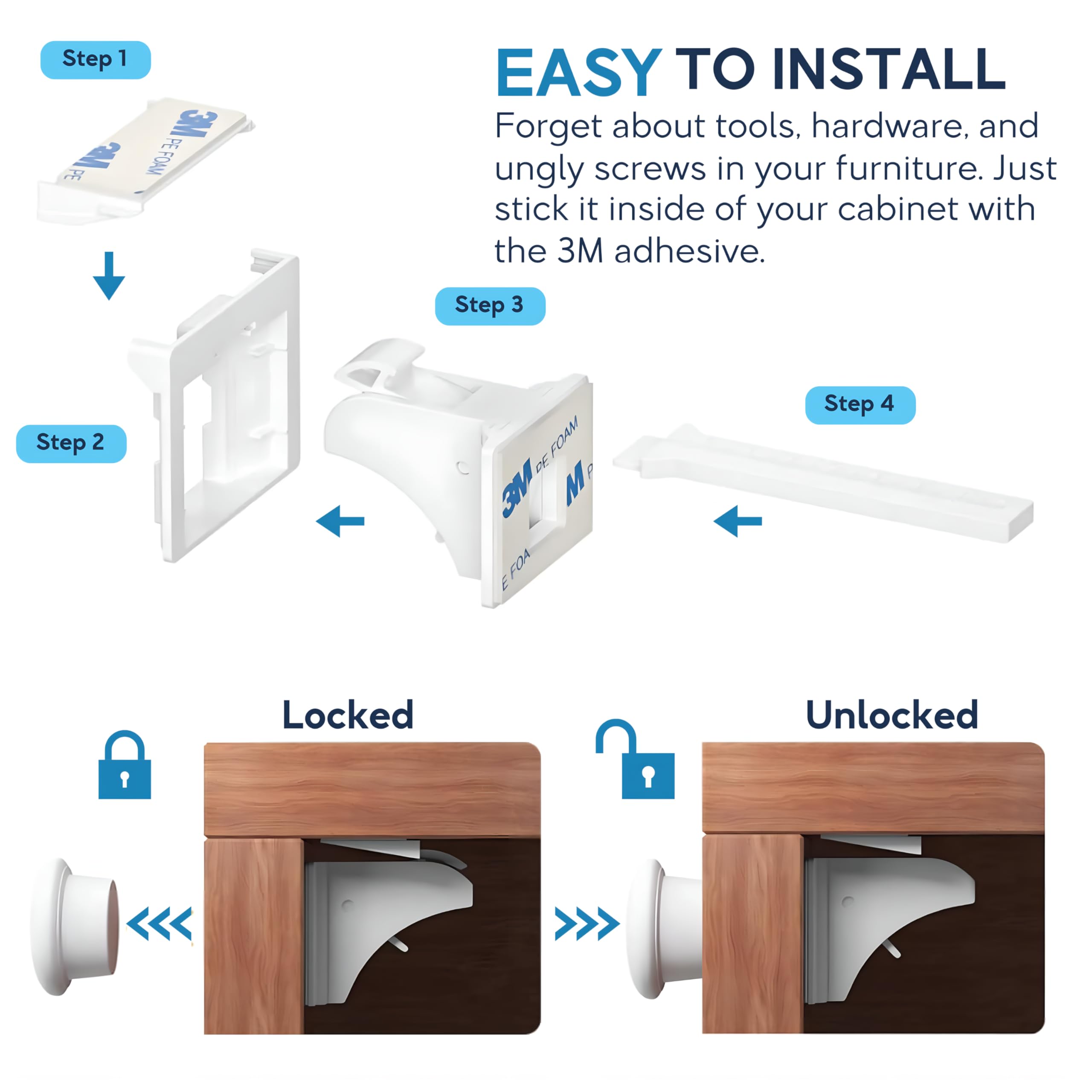 Baby Proof Me in-use kitchen-drawer lock demonstrates everyday safety for curious toddlers